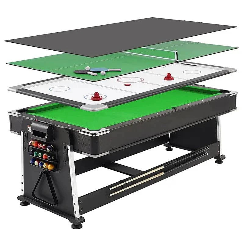 025-LP003X 4-in-1 multi-function table – billiards, air hockey, table tennis & dining. Free accessory kit included. Perfect for game rooms.